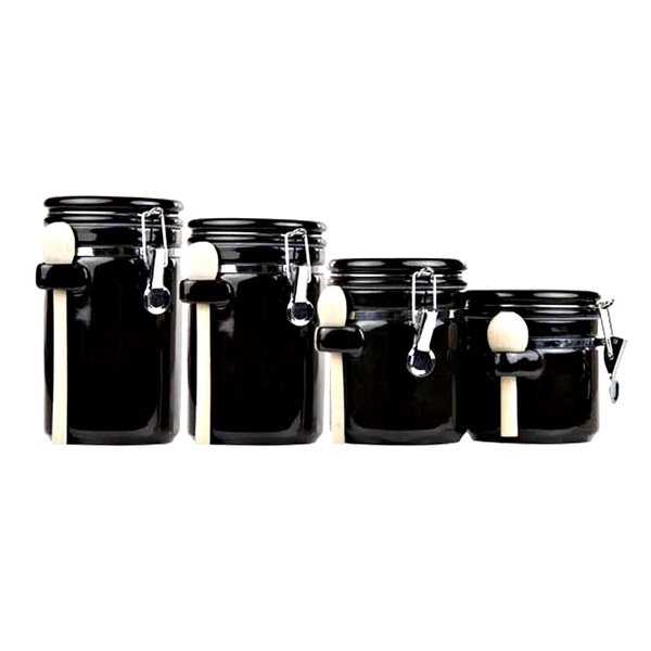 Hds Trading 4 Piece Ceramic Canister Set with Wooden Spoons, Black ZOR95956